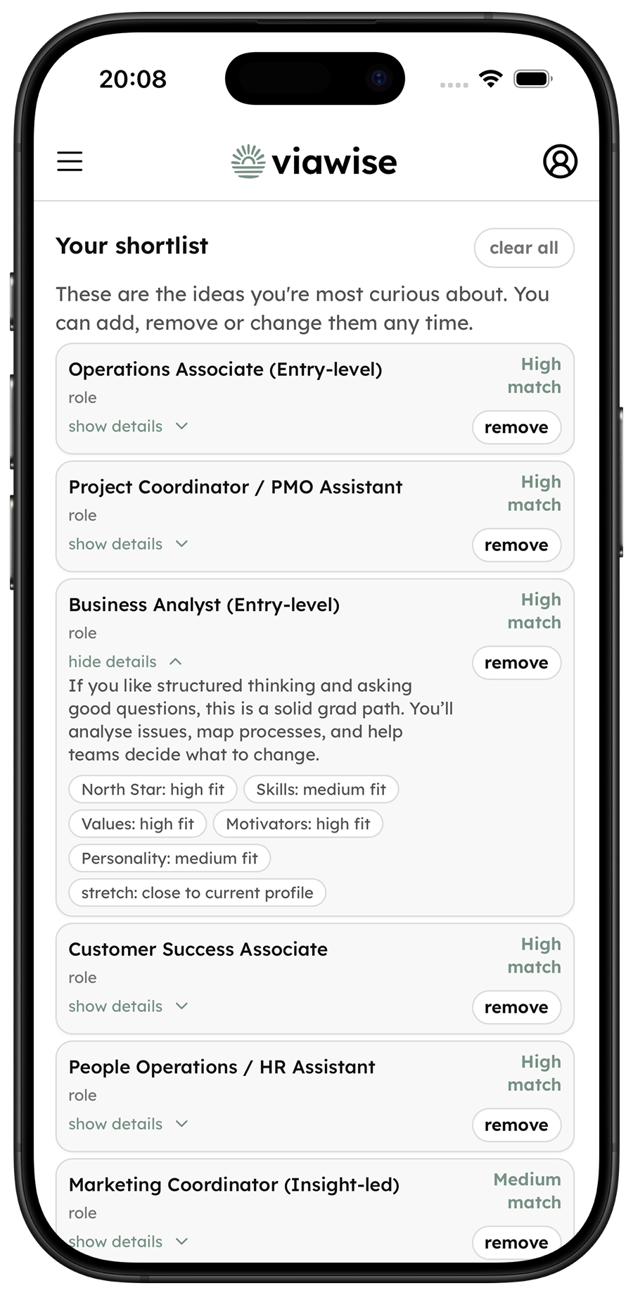 Viawise career ideas ranked shortlist screen